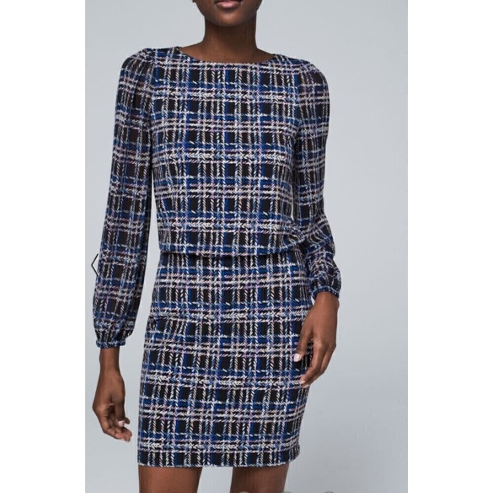 NWT White House Black Market‎ Long Sleeve Blouson Dress Amble Plaid Black Small